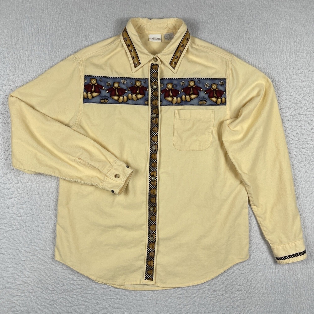Cherokee Shirt Womens Medium Yellow Orange Corduroy Bears‎ Honey Tea Party VTG
